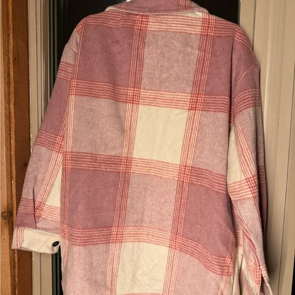 Plaid Button-Up Shacket in Pink and White - Picture 3 of 4